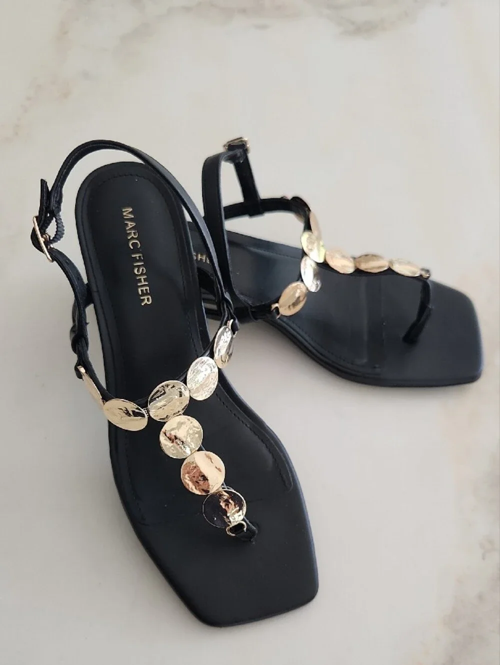 Marc Fisher Black Leather T-Strap Sandals with Hammered Gold Discs